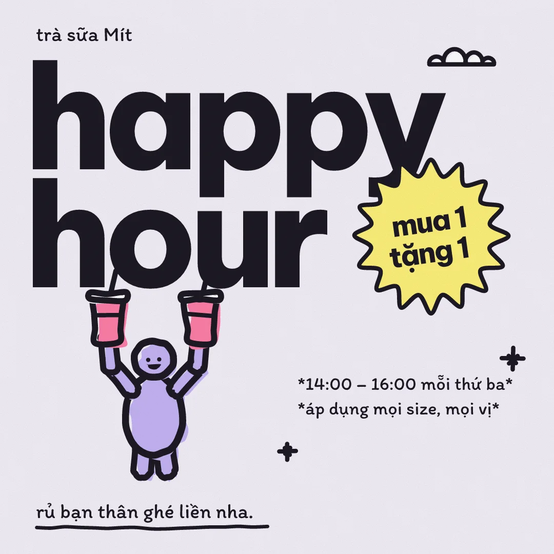 Bài đăng vuông happy hour của một quán trà sữa